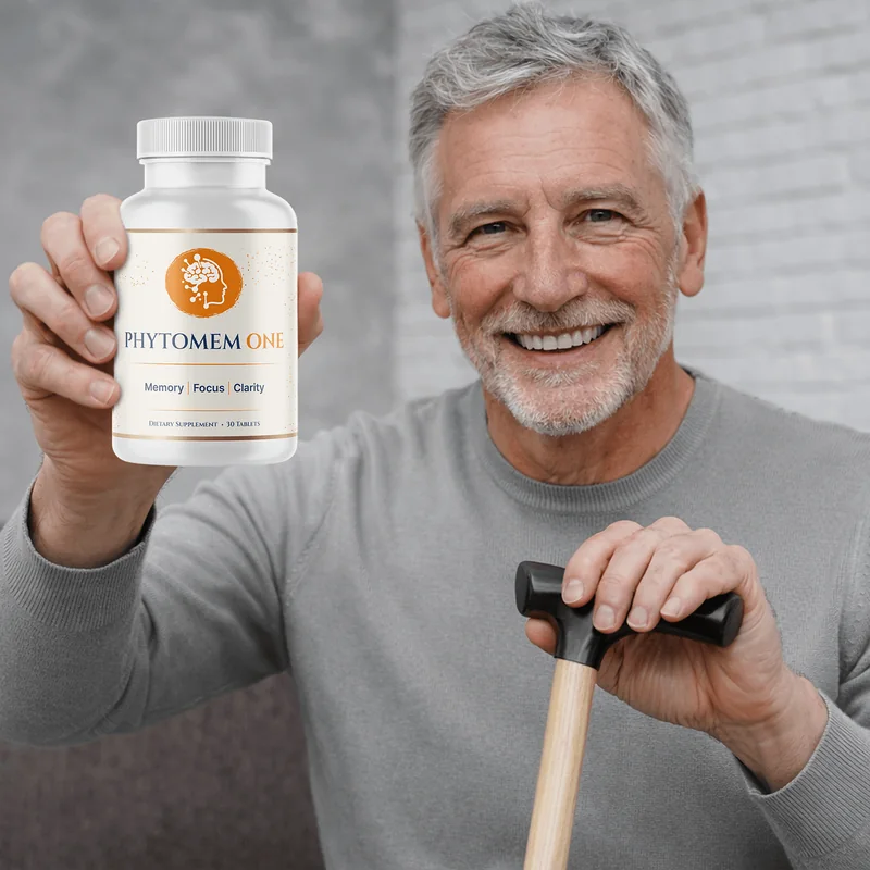 Smiling older man holding a bottle of Phytomem One memory supplement
